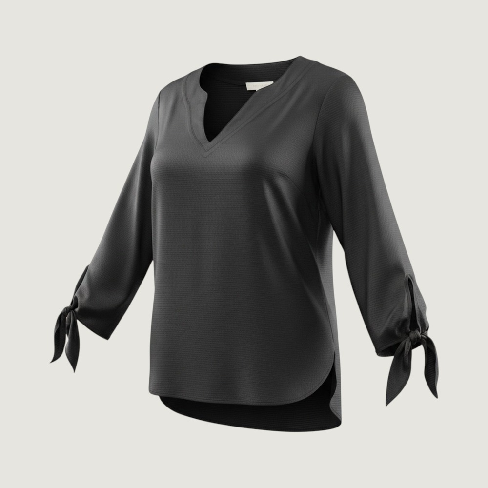 Michael Kors Black Tie Sleeve V-Neck Blouse Textured Crepe Top Small